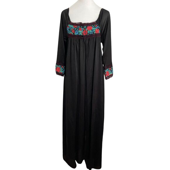 🎀 Vintage 70s Miss Diva Nightgown & Robe Set Black Floral Boho Glam Small - Picture 6 of 13